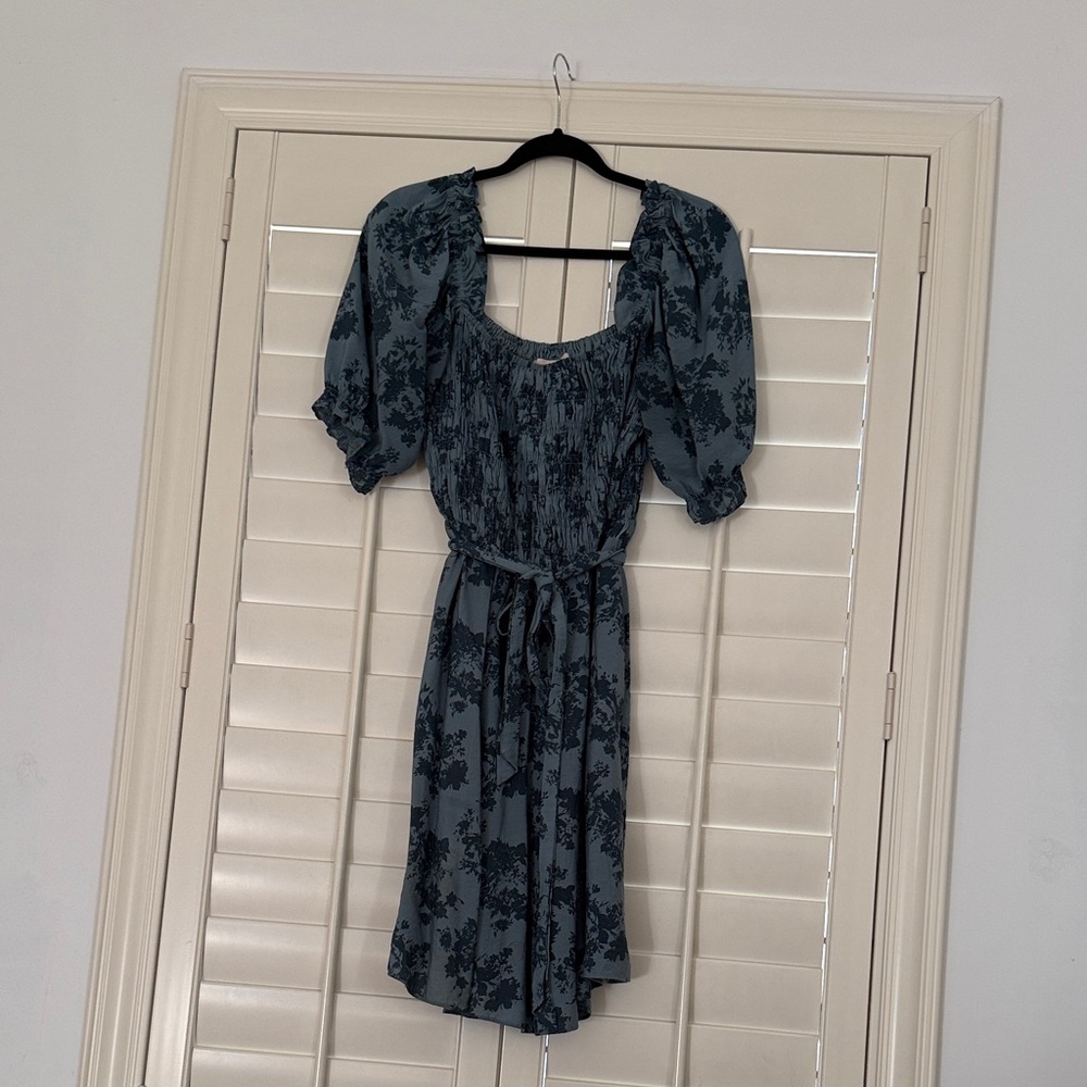 Gal Meets Glam Slate Blue Floral Midi Dress with Puff Sleeves